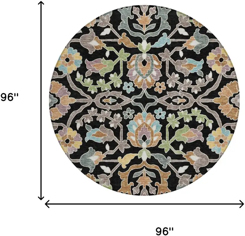 8' Black And Beige Round Floral Washable Indoor Outdoor Area Rug Photo 4