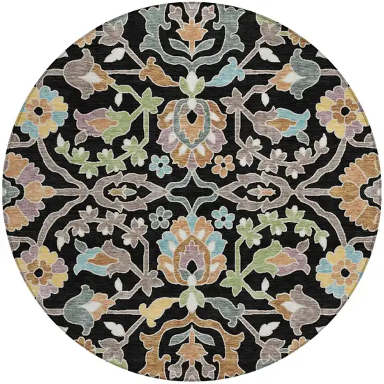 8' Black And Beige Round Floral Washable Indoor Outdoor Area Rug Photo 1