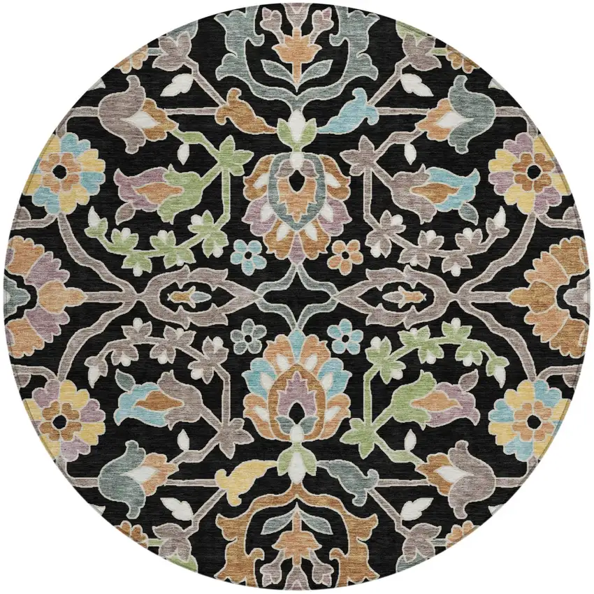 8' Black And Beige Round Floral Washable Indoor Outdoor Area Rug Photo 1