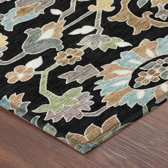 8' Black And Beige Round Floral Washable Indoor Outdoor Area Rug Photo 3