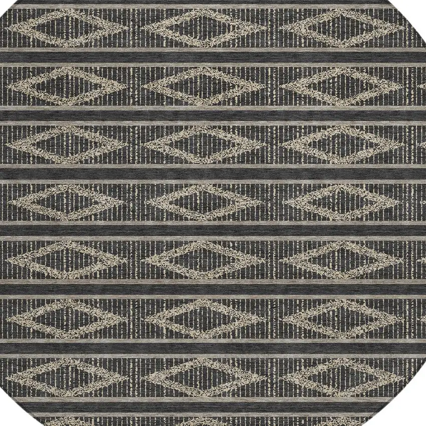 8' Black And Beige Round Geometric Washable Indoor Outdoor Area Rug Photo 4