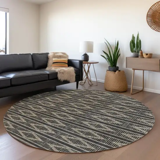 8' Black And Beige Round Geometric Washable Indoor Outdoor Area Rug Photo 7