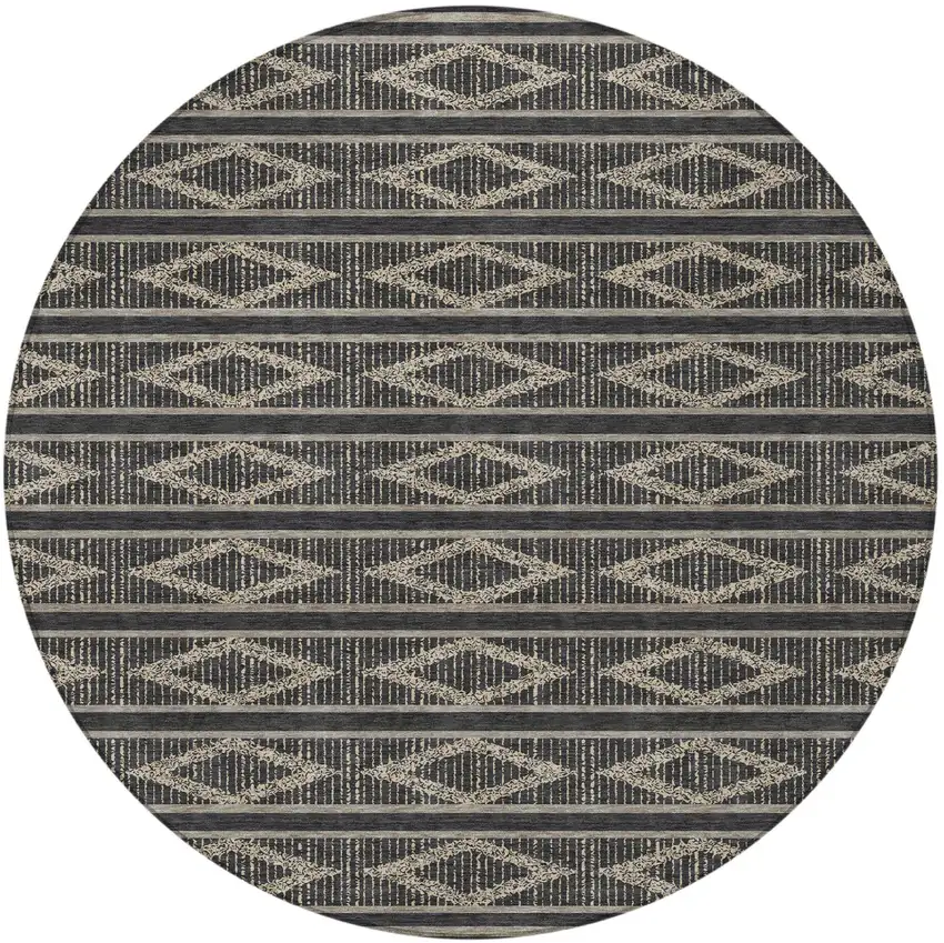 8' Black And Beige Round Geometric Washable Indoor Outdoor Area Rug Photo 5