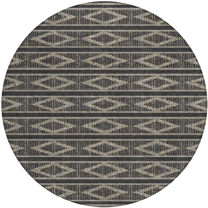 8' Black And Beige Round Geometric Washable Indoor Outdoor Area Rug Photo 2