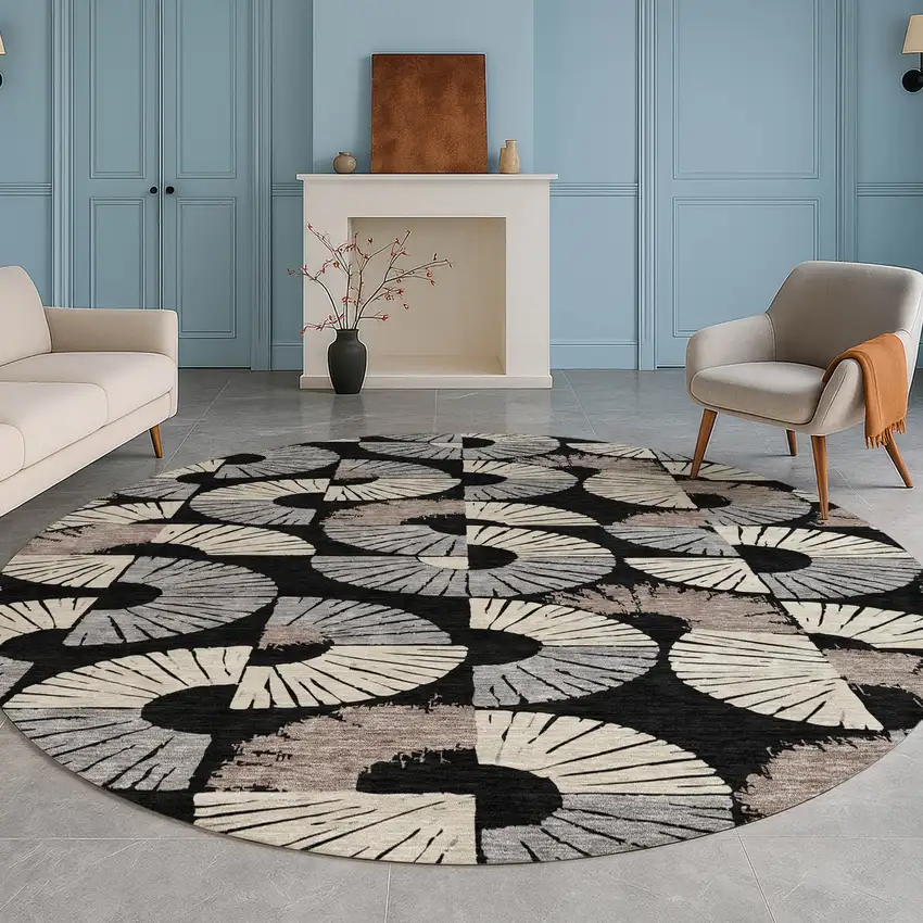 8' Black And Beige Round Geometric Washable Indoor Outdoor Area Rug Photo 5