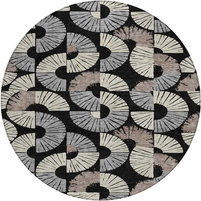8' Black And Beige Round Geometric Washable Indoor Outdoor Area Rug Photo 6