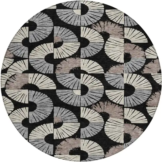 8' Black And Beige Round Geometric Washable Indoor Outdoor Area Rug Photo 6