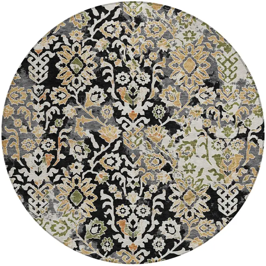 8' Black And Beige Round Geometric Washable Indoor Outdoor Area Rug Photo 1