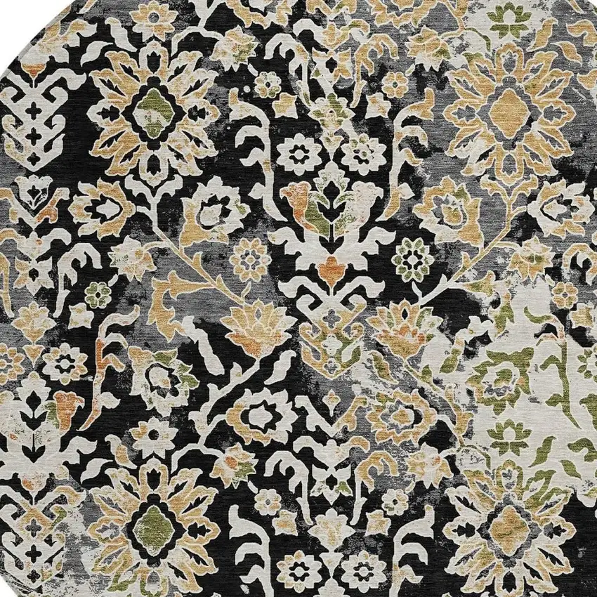 8' Black And Beige Round Geometric Washable Indoor Outdoor Area Rug Photo 2