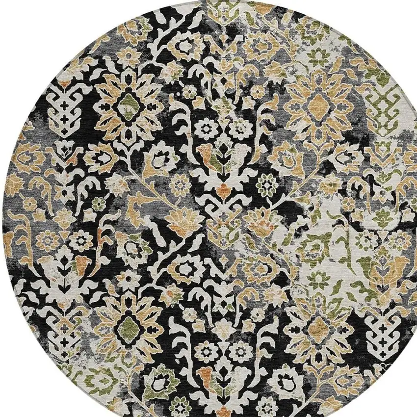 8' Black And Beige Round Geometric Washable Indoor Outdoor Area Rug Photo 3