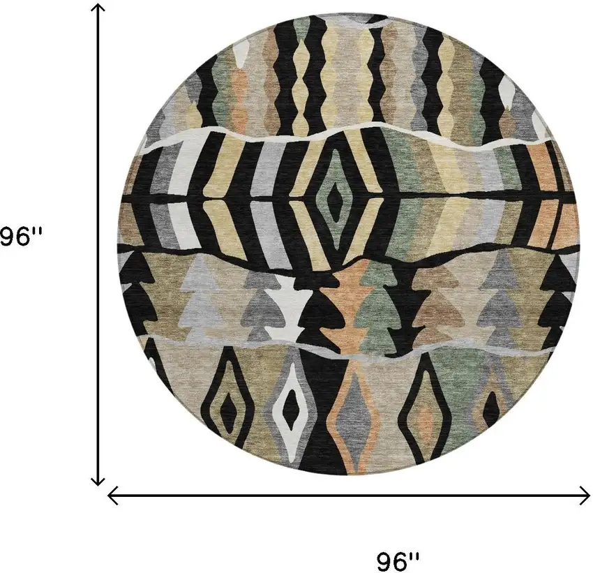 8' Black And Beige Round Geometric Washable Indoor Outdoor Area Rug Photo 5