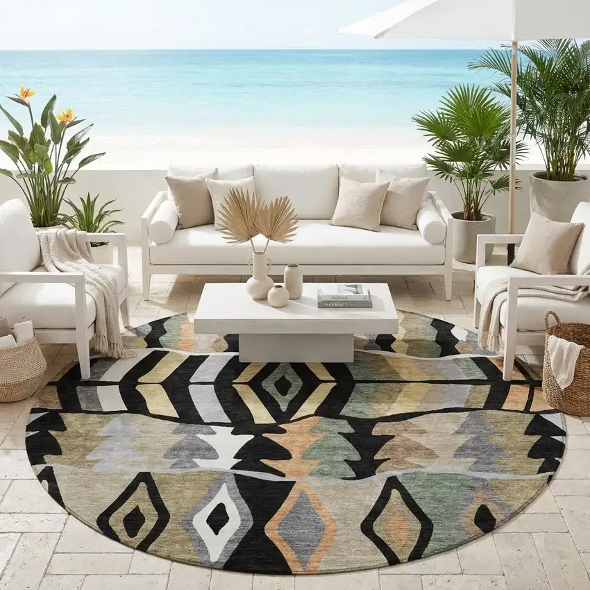 8' Black And Beige Round Geometric Washable Indoor Outdoor Area Rug Photo 1