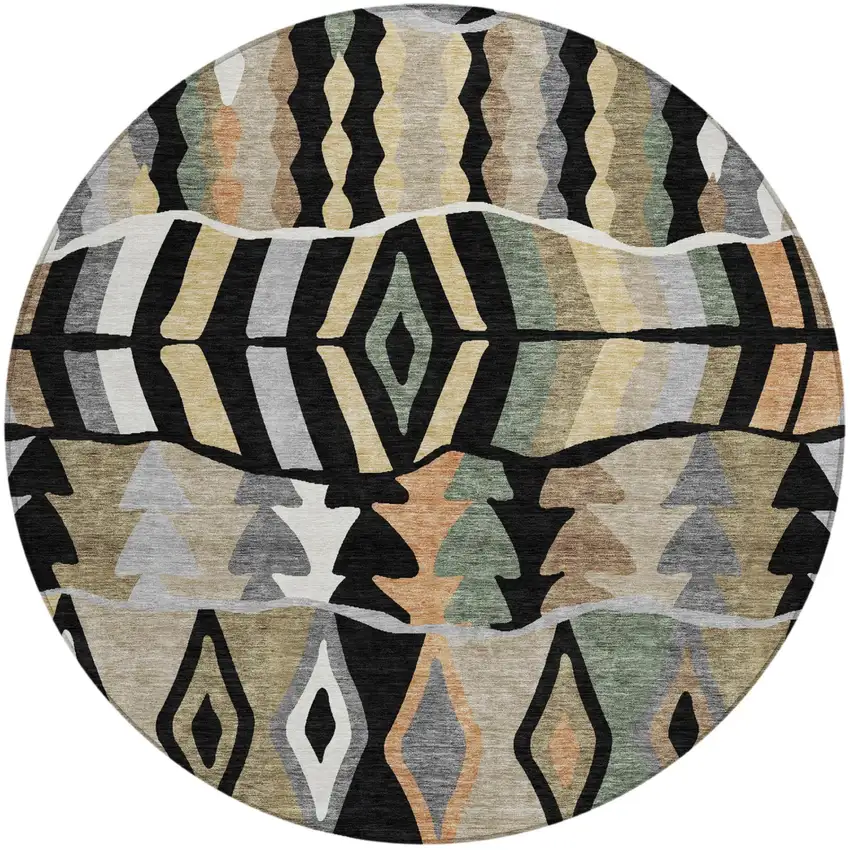 8' Black And Beige Round Geometric Washable Indoor Outdoor Area Rug Photo 2