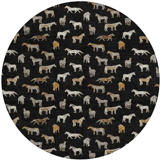 8' Black And Beige Round Horse Washable Indoor Outdoor Area Rug Photo 4