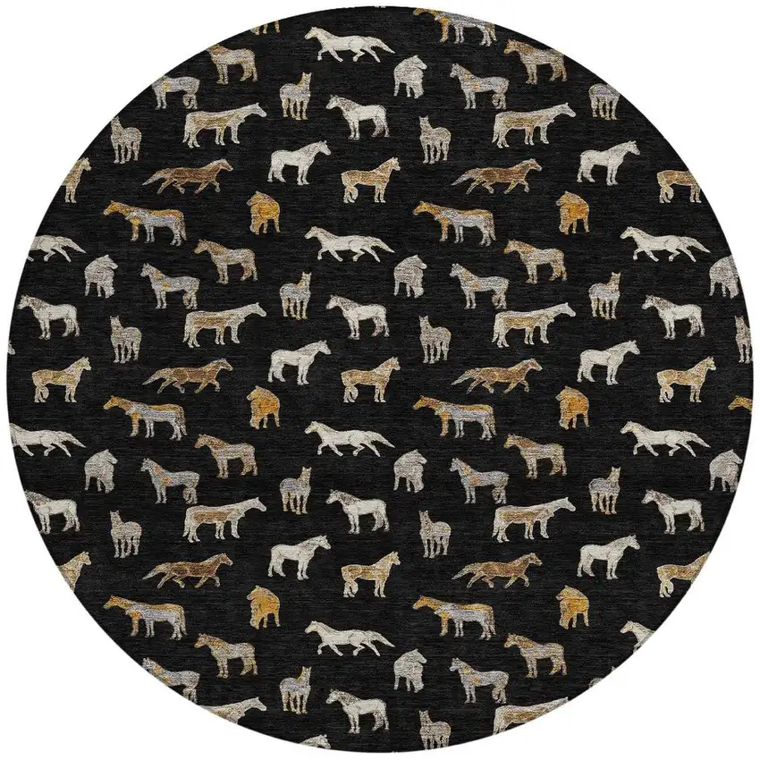 8' Black And Beige Round Horse Washable Indoor Outdoor Area Rug Photo 4