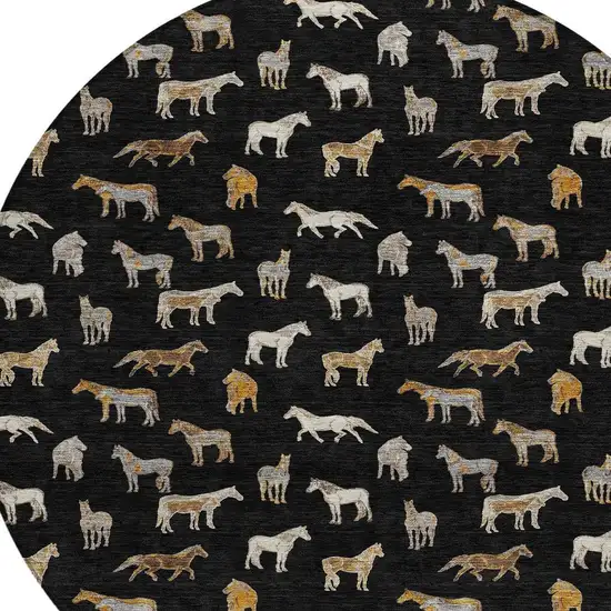 8' Black And Beige Round Horse Washable Indoor Outdoor Area Rug Photo 3