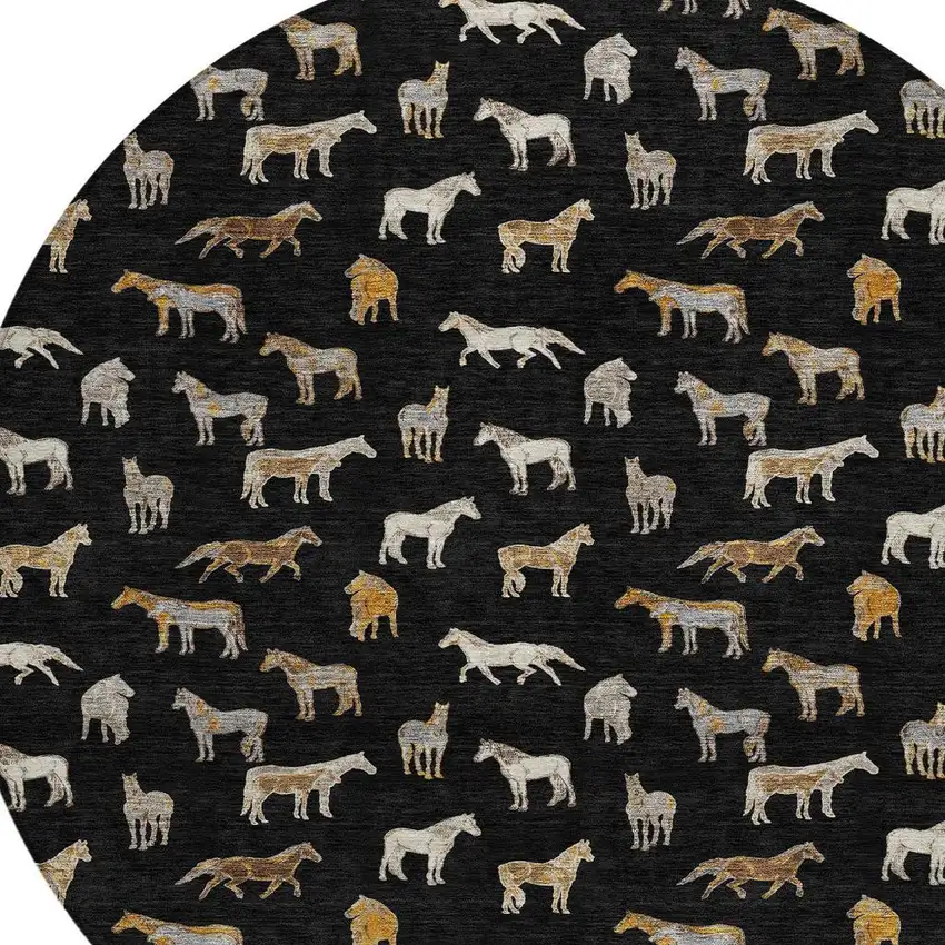 8' Black And Beige Round Horse Washable Indoor Outdoor Area Rug Photo 3
