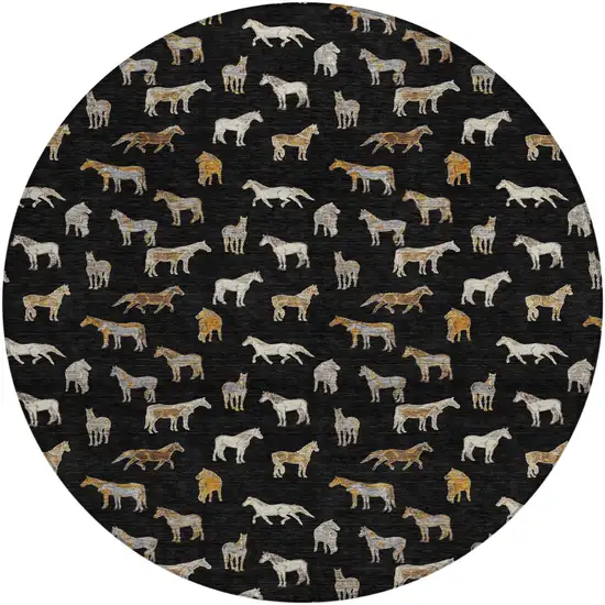 8' Black And Beige Round Horse Washable Indoor Outdoor Area Rug Photo 2