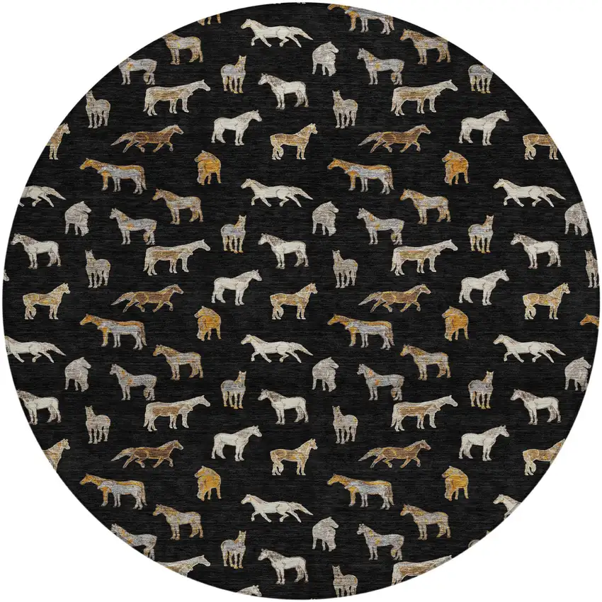 8' Black And Beige Round Horse Washable Indoor Outdoor Area Rug Photo 2