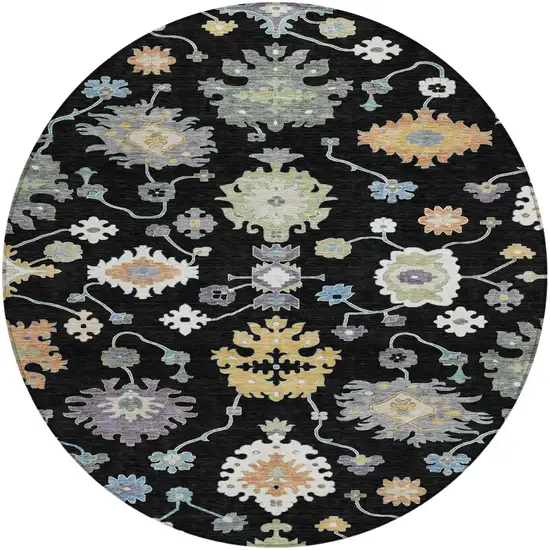 8' Black And Beige Round Oriental Washable Indoor Outdoor Area Rug Photo 2