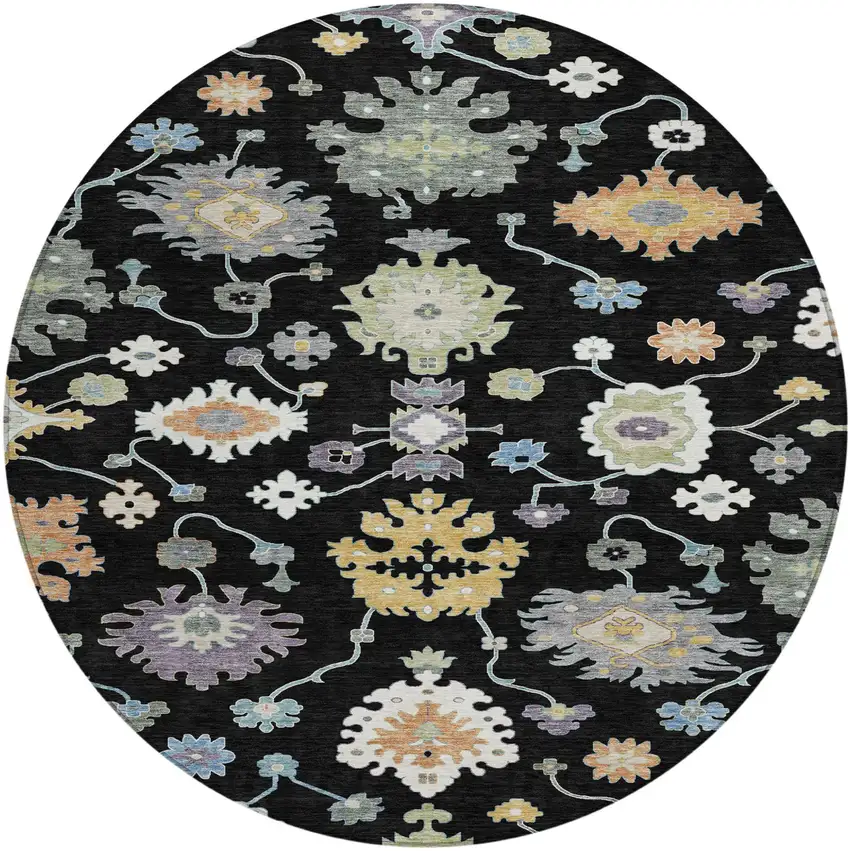 8' Black And Beige Round Oriental Washable Indoor Outdoor Area Rug Photo 2