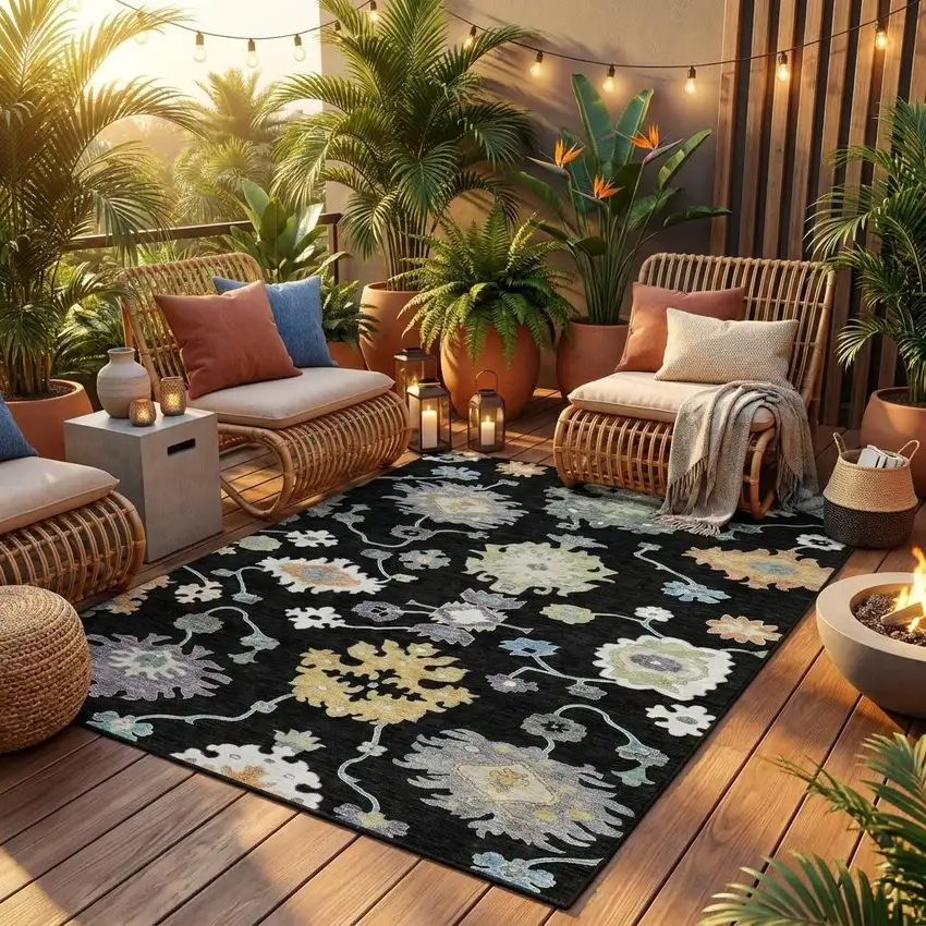 8' Black And Beige Round Oriental Washable Indoor Outdoor Area Rug Photo 1