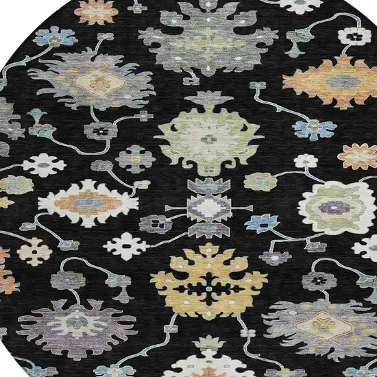 8' Black And Beige Round Oriental Washable Indoor Outdoor Area Rug Photo 4
