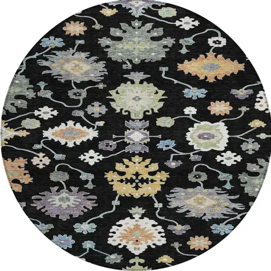 8' Black And Beige Round Oriental Washable Indoor Outdoor Area Rug Photo 3
