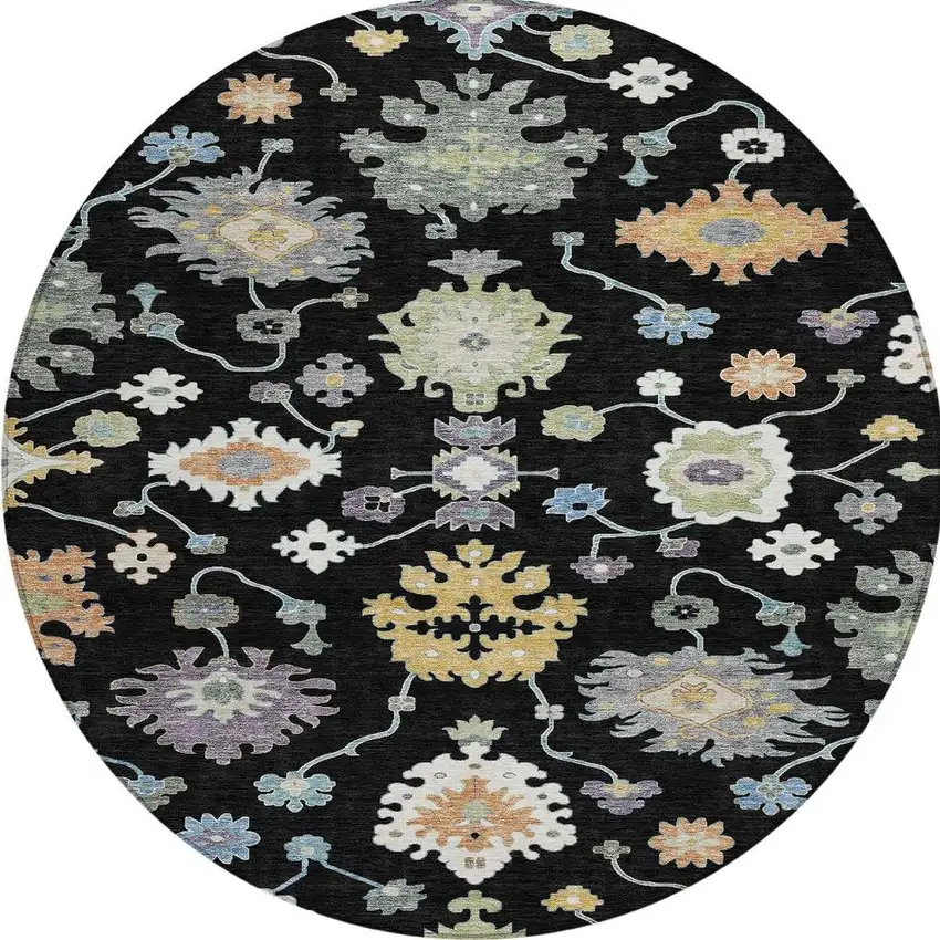 8' Black And Beige Round Oriental Washable Indoor Outdoor Area Rug Photo 3