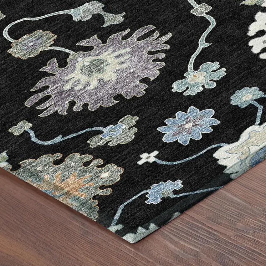 8' Black And Beige Round Oriental Washable Indoor Outdoor Area Rug Photo 5