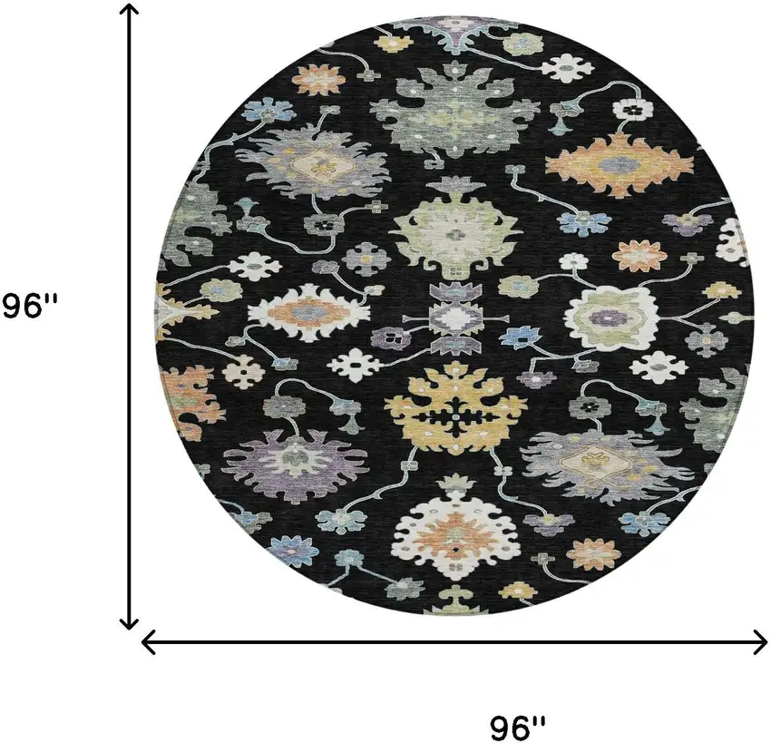 8' Black And Beige Round Oriental Washable Indoor Outdoor Area Rug Photo 7