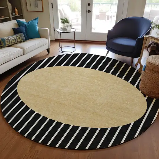 8' Black And Beige Round Striped Washable Indoor Outdoor Area Rug Photo 8
