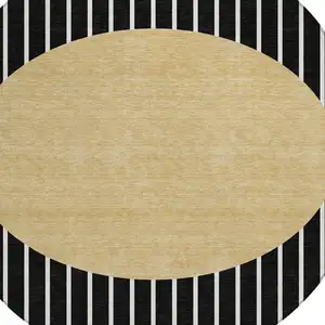 Photo of 8' Black And Beige Round Striped Washable Indoor Outdoor Area Rug