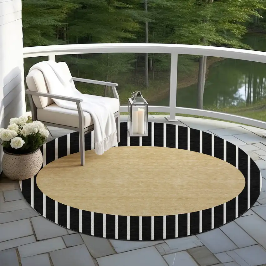 8' Black And Beige Round Striped Washable Indoor Outdoor Area Rug Photo 7