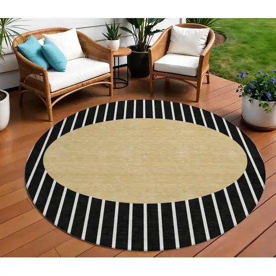 8' Black And Beige Round Striped Washable Indoor Outdoor Area Rug Photo 1