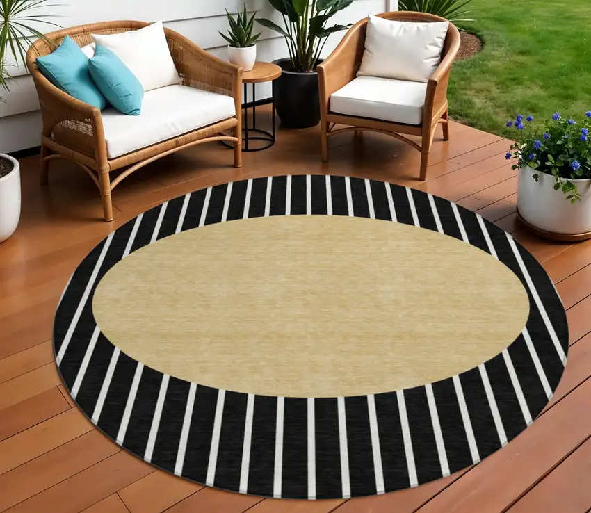8' Black And Beige Round Striped Washable Indoor Outdoor Area Rug Photo 1