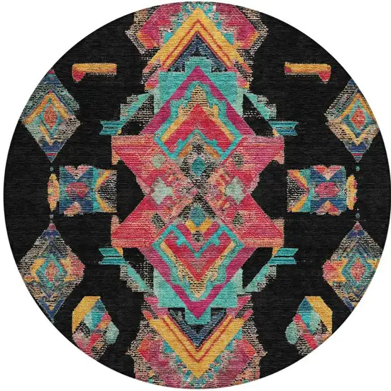 8' Black And Beige Round Tribal Washable Indoor Outdoor Area Rug Photo 6