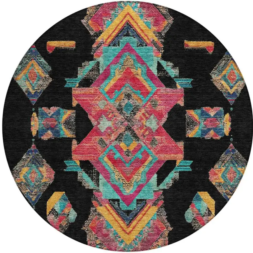 8' Black And Beige Round Tribal Washable Indoor Outdoor Area Rug Photo 6