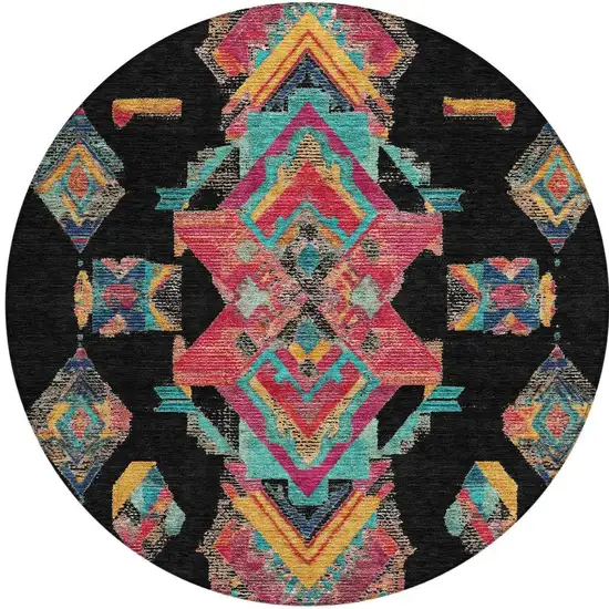 8' Black And Beige Round Tribal Washable Indoor Outdoor Area Rug Photo 2