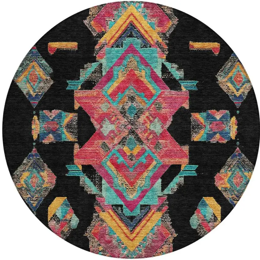 8' Black And Beige Round Tribal Washable Indoor Outdoor Area Rug Photo 2