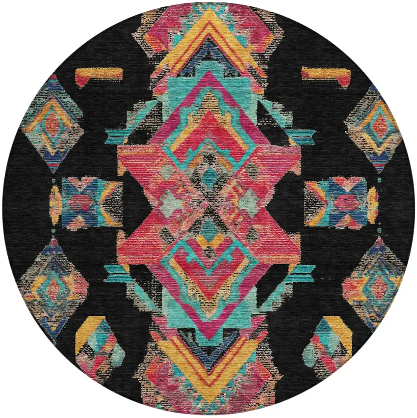 8' Black And Beige Round Tribal Washable Indoor Outdoor Area Rug Photo 3
