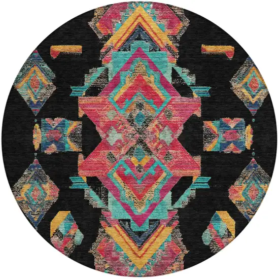 8' Black And Beige Round Tribal Washable Indoor Outdoor Area Rug Photo 3