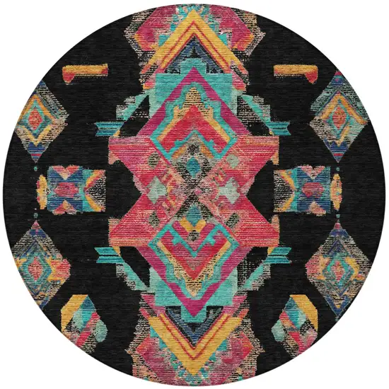 8' Black And Beige Round Tribal Washable Indoor Outdoor Area Rug Photo 4