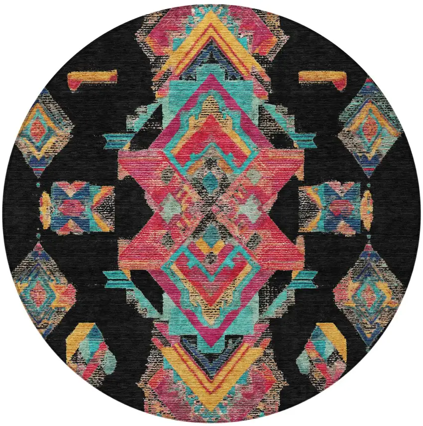 8' Black And Beige Round Tribal Washable Indoor Outdoor Area Rug Photo 4
