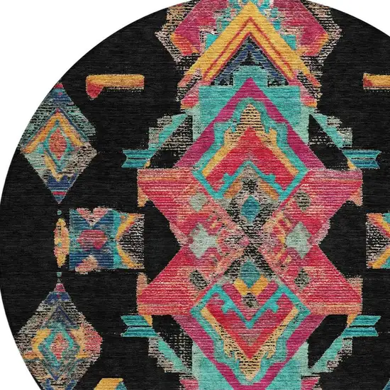 8' Black And Beige Round Tribal Washable Indoor Outdoor Area Rug Photo 5
