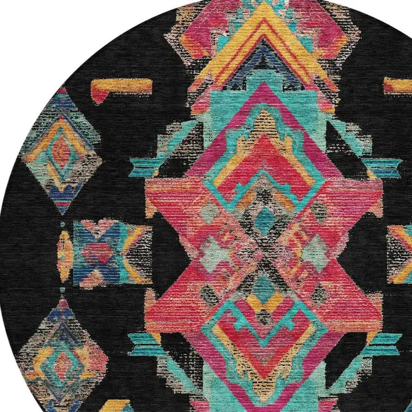 8' Black And Beige Round Tribal Washable Indoor Outdoor Area Rug Photo 5