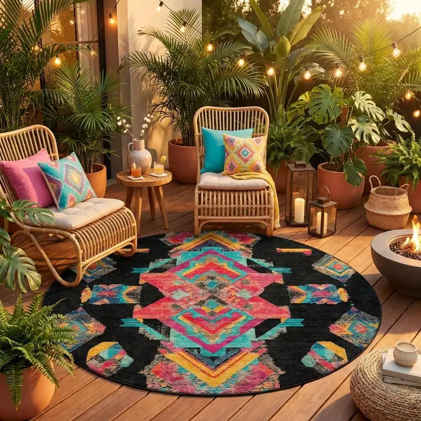 8' Black And Beige Round Tribal Washable Indoor Outdoor Area Rug Photo 1