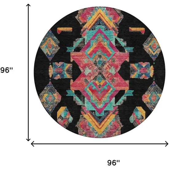 8' Black And Beige Round Tribal Washable Indoor Outdoor Area Rug Photo 9