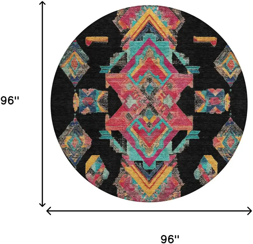 8' Black And Beige Round Tribal Washable Indoor Outdoor Area Rug Photo 9