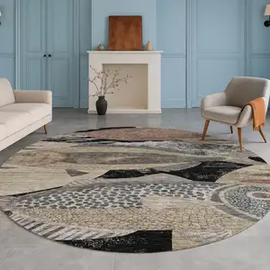 Photo of 8' Black And Beige Round Tropical Fish Washable Indoor Outdoor Area Rug